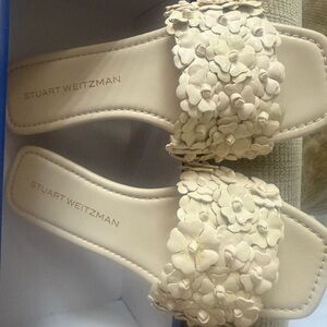 Stuart Weitzman Cream Floral Appliqué Slide Sandals